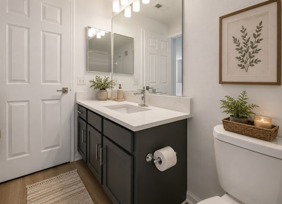 A bathroom with a white toilet and a sink with a mirror above it.