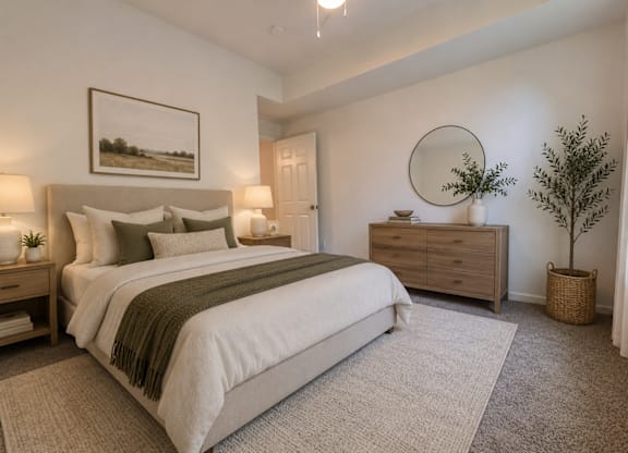 A bedroom with a large bed, a side table with a lamp, and a framed picture on the wall.