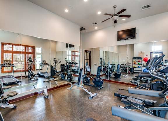 the gym has plenty of exercise equipment including treadmills and ellipticals