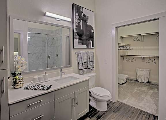 A bathroom with a sink, mirror, toilet and a shower.