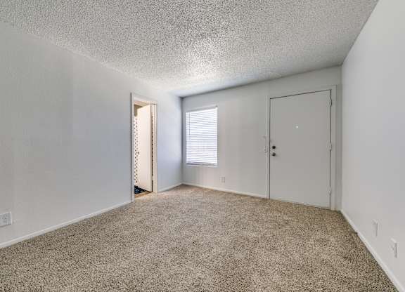 an empty living room with carpet and a door to a closet