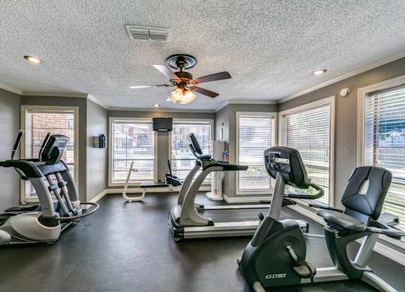 the gym has plenty of cardio equipment and a ceiling fan