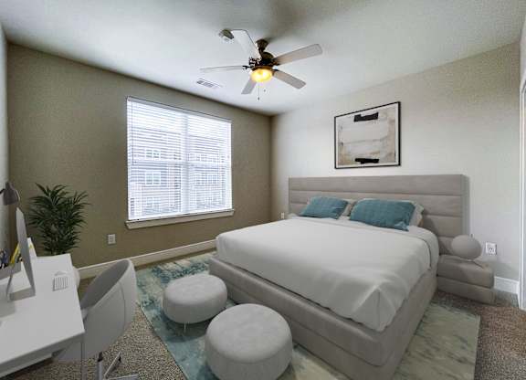 A bedroom with a large bed, a ceiling fan, and a window with blinds.