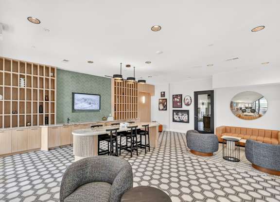 A modern living room with a grey and white patterned floor.