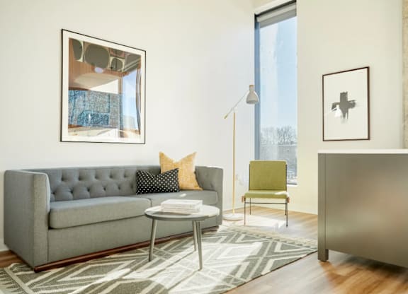 a living room with a couch and a coffee table