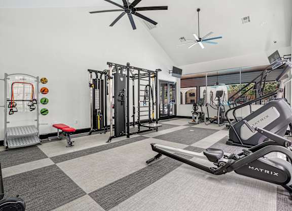 A gym with a variety of equipment including a treadmill, a bench, and a weight rack.
