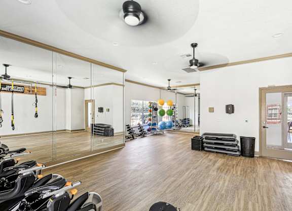 A gym with a variety of equipment including treadmills, weights and exercise balls.