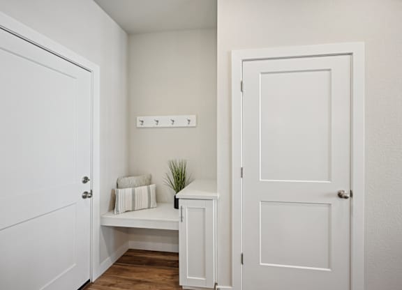 A white door is on the left and a white cabinet with a plant on top is on the right.
