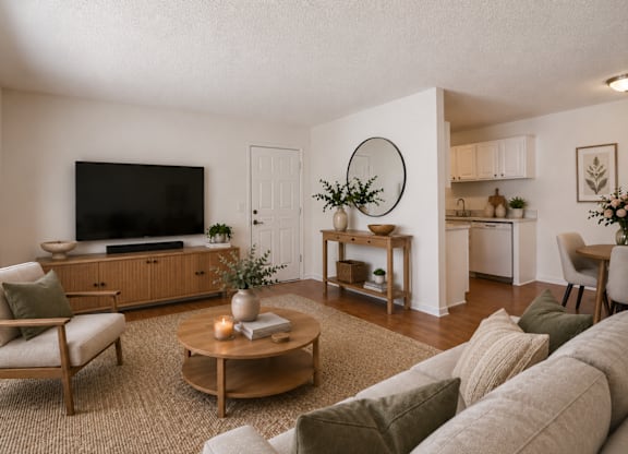 A living room with a sofa, chair, and coffee table.