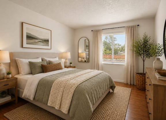 A bedroom with a large bed and a painting on the wall.