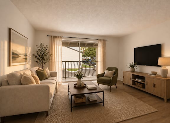 A living room with a couch, chair, and a television.