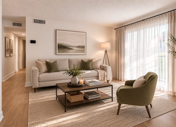 A living room with a white couch, a green armchair, and a coffee table with a vase of flowers on it.