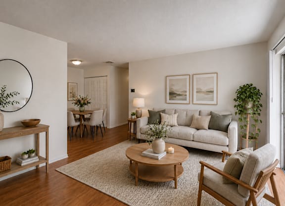 A living room with a white couch, a coffee table, and a round mirror on the wall.