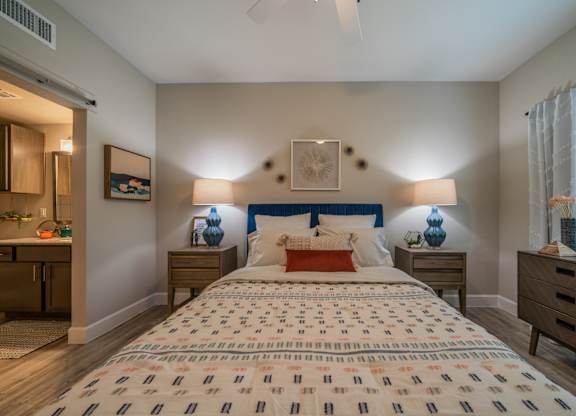 a bedroom with a bed and two nightstands