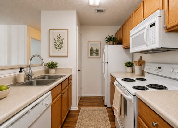 A kitchen with white appliances and wooden cabinets.