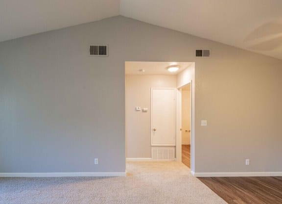 A room with a white door and a carpet on the floor.
