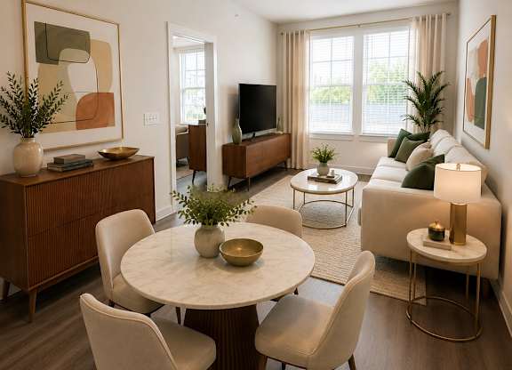A modern living room with a white couch, a round table, and a television.