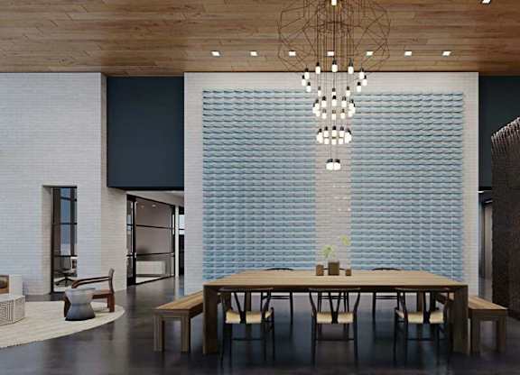 a large dining room with a large table and chairs and a wall with a curtain