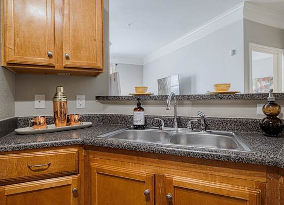 a kitchen with a sink and wooden cabinets