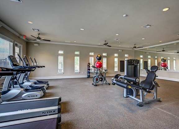 A gym with treadmills, exercise bikes, and weight machines.