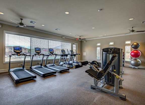 A gym with treadmills, elliptical machines, and a weight machine.