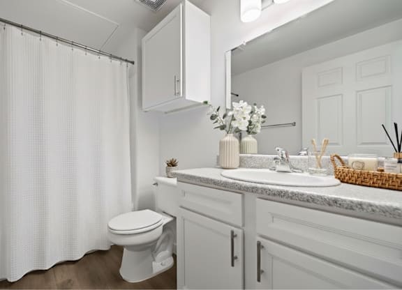 A white bathroom with a toilet, sink, and shower curtain.