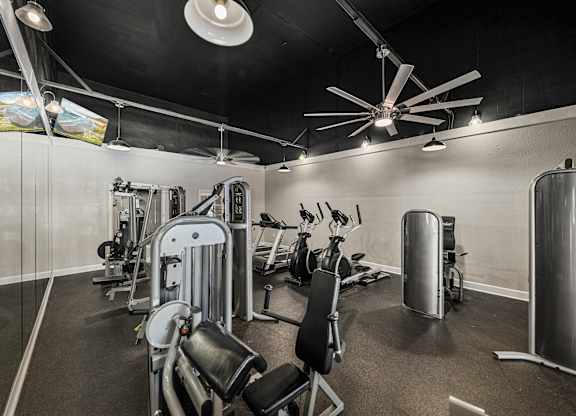 A gym with a variety of equipment including a weight bench, a leg press machine, and a rowing machine.