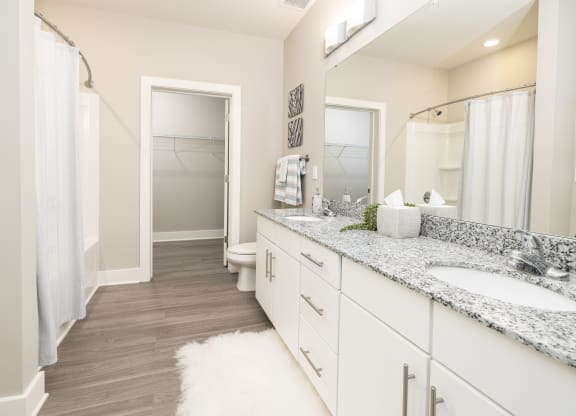a bathroom with two sinks and a shower and a toilet