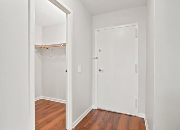 A walk-in front hall closet next to an apartment front door.