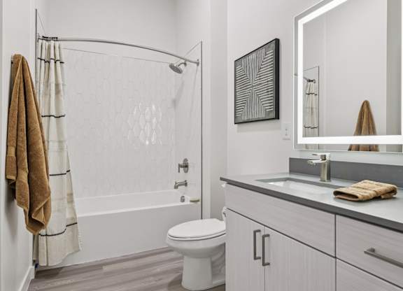 Bathroom with Shower Curtain at Coya Apartments, Nevada, 89102