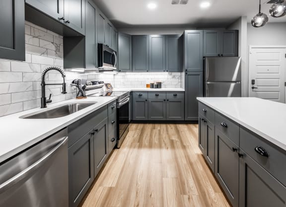 a kitchen with stainless steel appliances and gray cabinets at The Alibi at Lake Lilly, Ocoee, FL
