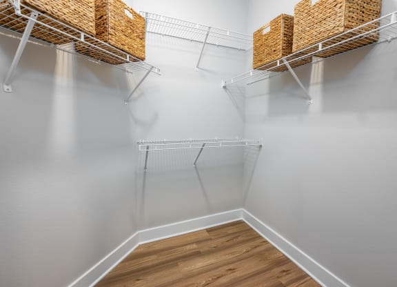 our spacious walk in closets are equipped with shelves and wire baskets at The Alibi at Lake Lilly, Ocoee, FL