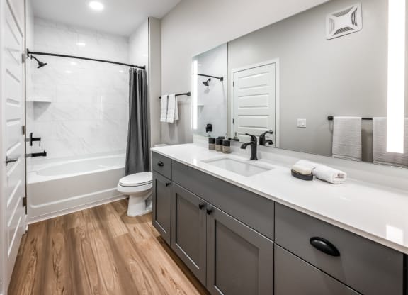 a bathroom with a sink and a shower and a toilet at The Alibi at Lake Lilly, Ocoee, FL