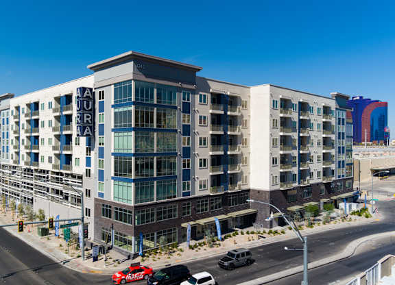 an aerial view of an apartment building on a city street at Aura Vegas Apartments, Nevada, 89103