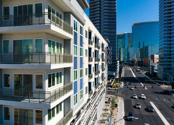 a view of a city street with tall buildings at Aura Vegas Apartments, Nevada