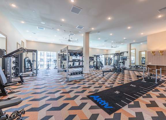 A gym with a variety of equipment and a patterned floor.