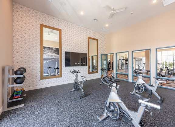 A spacious room with a wallpapered wall, a mirror, and a row of exercise bikes.