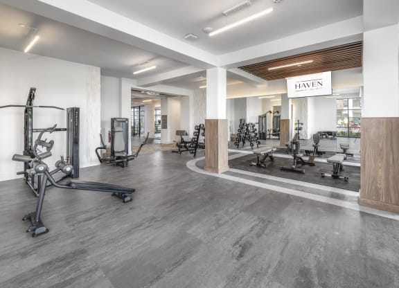 a gym with weights and other exercise equipment in a building with white walls at The Haven at Lake Britt Apartments, Winter Garden, FL