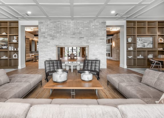 a living room with couches and a table and a fireplace at The Haven at Lake Britt Apartments, Florida, 34787