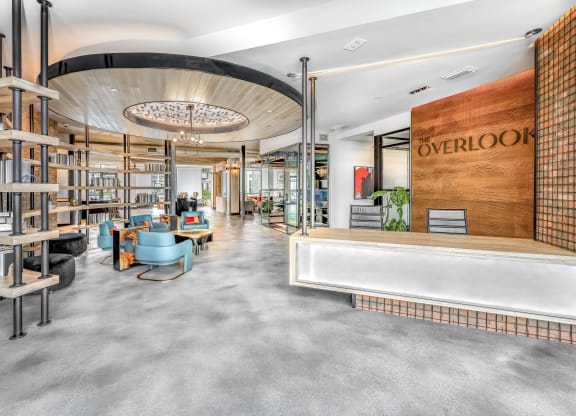 a rendering of the lobby of overlock bookstore with a reception desk and shelving at The Overlook, Winter Garden, FL, 34787