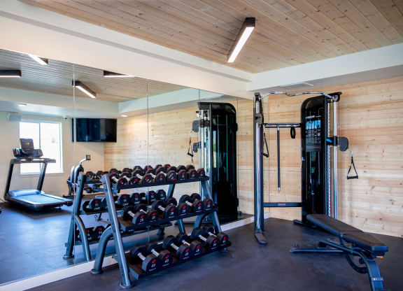 a home gym with a large rack of dumbbells at Scouter's Mountain, Happy Valley, OR
