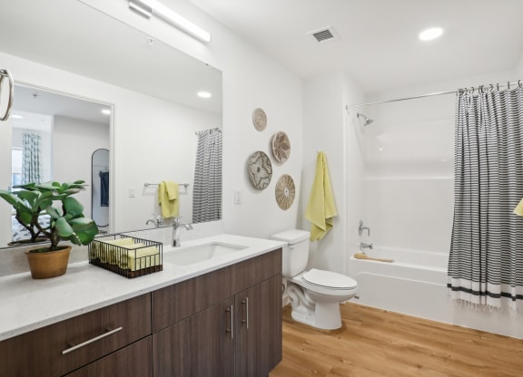 a bathroom with a sink and a toilet and a shower at The Mill on Maple Apartments, Oregon City
