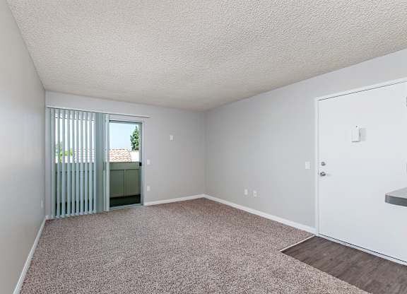 A room with a carpeted floor and a window with blinds.