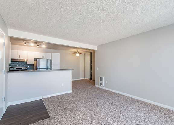 A spacious living room with a kitchenette in the background.