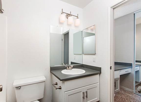 A bathroom with a toilet, sink, and mirror.