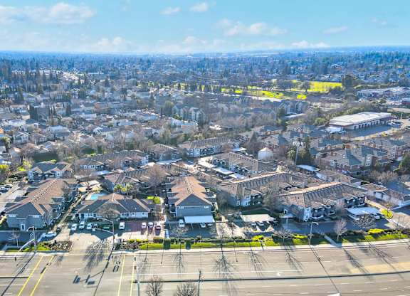 A suburban neighborhood with houses and streets.
