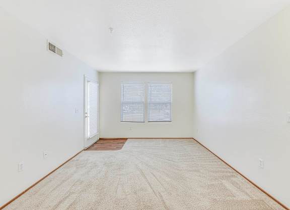 A room with a carpet and a window with blinds.