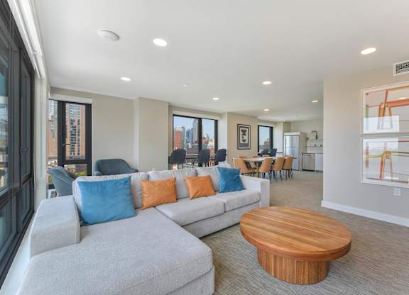 Living Room with Wooden Coffee Table at 535 Carlton Ave Apartments, Brooklyn