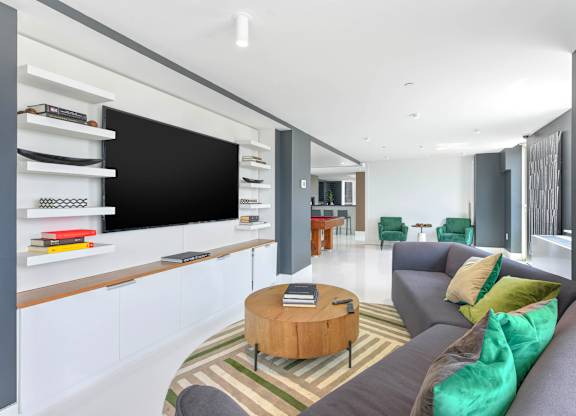 Community Lounge with Coffee Table at 38 6th Ave Apartments, Brooklyn, 11238
