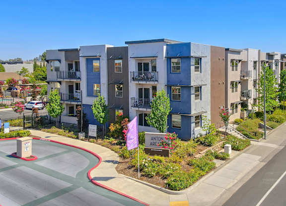 Modern apartment buildings with colorful exterior design at Anton Arcade Apartments, Sacramento, 95825